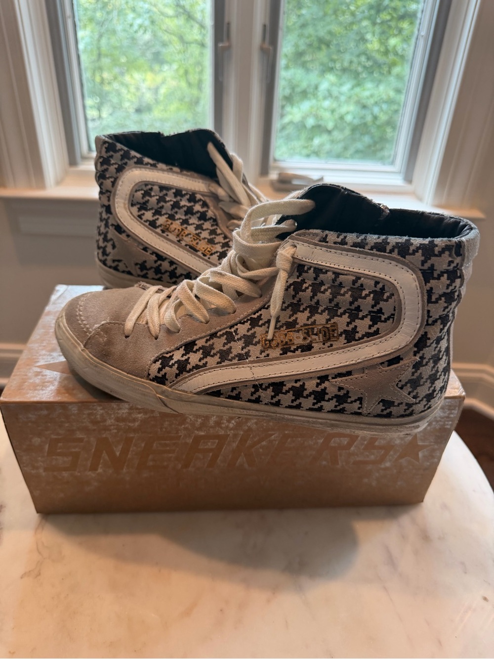 Golden Goose Slide Sneakers in Black & White Houndstooth 37